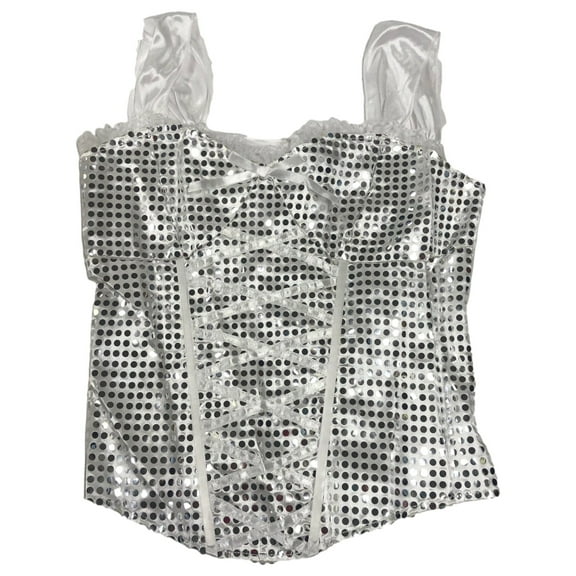 Womens Adult Halloween Costume Flirty Silver Sequin Top Bustier Corset Large