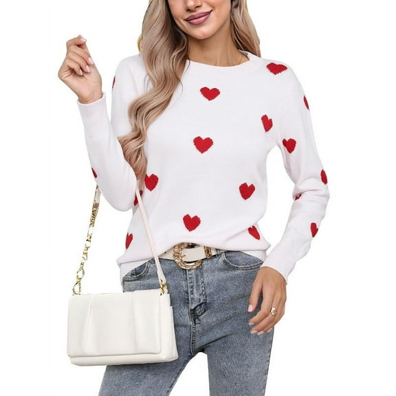 Heart Sweater for Women Valentine's Day Cute Heart Printed Lightweight Sweaters Casual Creneck Pullover Shermie