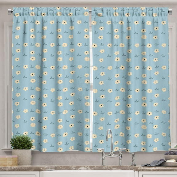 Ambesonne Floral Kitchen Curtains, Chamomiles Leaves Ornament, 55"x36", Pale Peach and Blue Grey