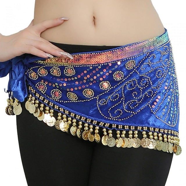 Pañuelo de cadera para danza del vientre con discos dorados, ropa de baile, cinturón de cadera brillante para disfraz de club Azul