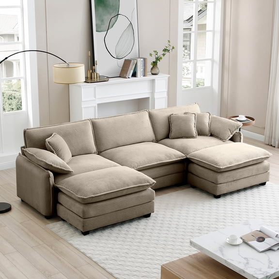 CoSoTower Oversized Modular Cushioned Sofa with Conversible Ottoman, 3-Seater Sofa with 2 Footstools, U Shape Sofa in Camel Corduroy Fabric