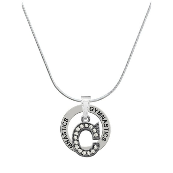 Delight Jewelry Black Nickeltone Crystal Initial - C - Beaded Border - Gymnastics Ring Charm Necklace, 18"