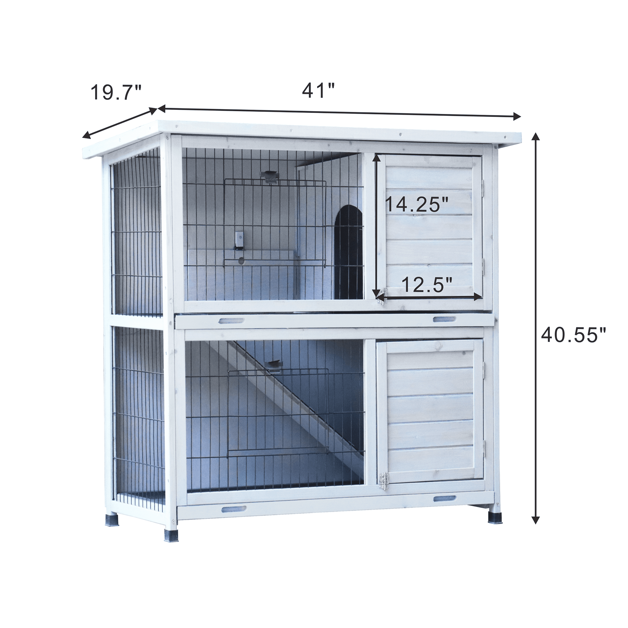 JERFIT Outdoor Rabbit Hutch with Run, 2-Story Wooden Bunny Cage with Waterproof Roof, 2 Pull-Out Trays, No-Slip Ramp for Rabbits & Small Animals