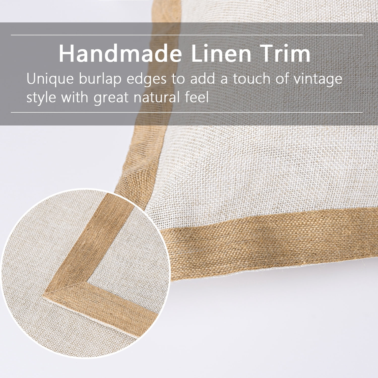 HIG Vintage Square Linen-Like Throw Pillow Covers, Cottage Boho Cushion Covers with Natural Burlap Trim, Idyllic Square Pillow Cases for Car Chair Porch, 2 Pieces, Natural, 20x20, No Insert (WALTER)