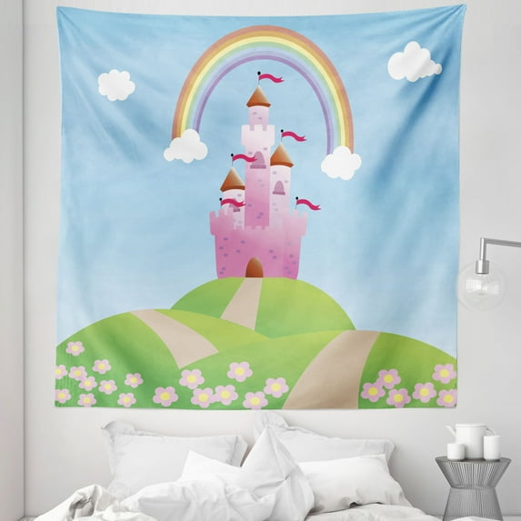 Tale Tapestry, Rainbow Stripe Radiating Between Clouds and Cartoon Castle Under a Clear Sky, Fabric Wall Hanging Decor for Bedroom Living Room Dorm, 5 Sizes, Multicolor, by Ambesonne