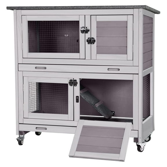 Rabbit Hutch Bunny Cage, Guinea Pig Cage Bunny Hutch Indoor, Wood Pet Cage with 4 Casters -2 Story & 2 Trays #AIR77