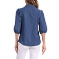 thumbnail image 3 of Camisa de mezclilla INSPIRE CHIC para mujer con mangas abullonadas de 3/4, cuello y botones, color azul oscuro, 3 of 5