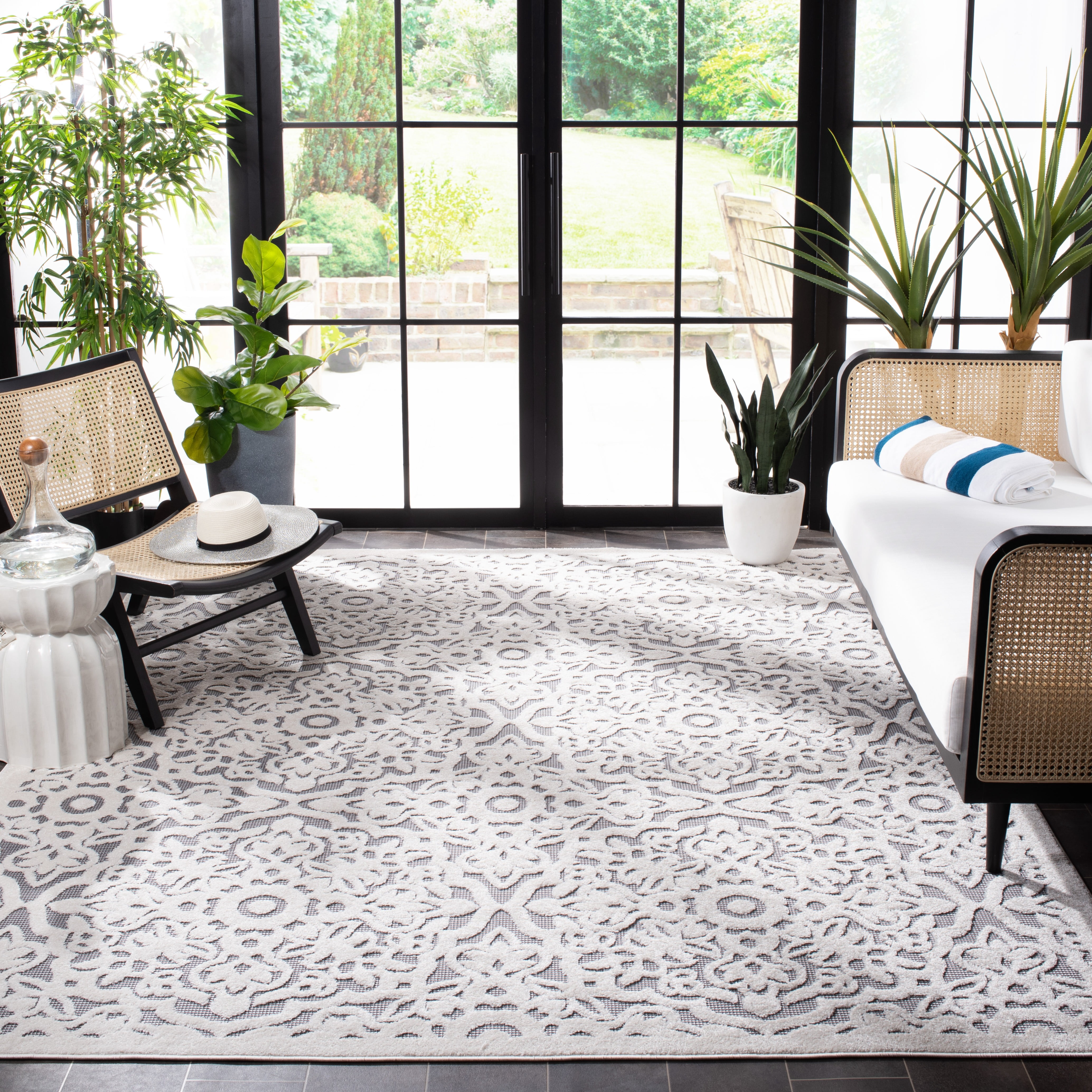 SAFAVIEH Cabana Henrika Ivory/Grey 2'2"X9' Runner Indoor/Outdoor Area Rug Ivory/Grey, 6'7" x 6'7" Square