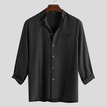 INCERUN Men's Linen Long Sleeve Shirt Loose Fit Casual V-Neck Shirts ...