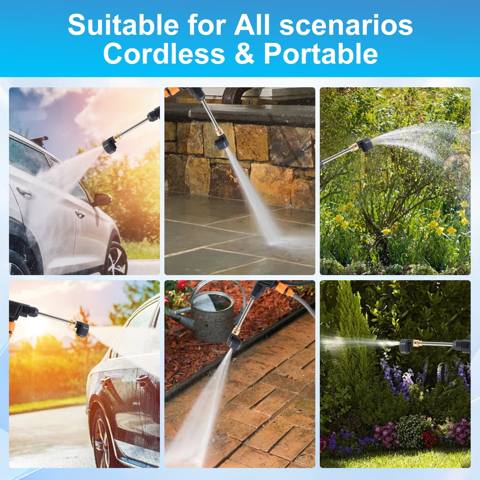 990 PSI Cordless Pressure Washer  ,Portable Handheld Power Washer ,  6-in-1 Swivel Nozzle, 16.4FT Hose,for Car Yard Fence Wall Cleaning and Garden Irrigation ,Black