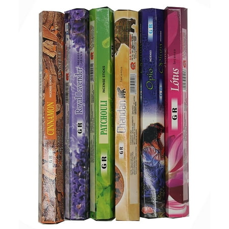 Cinnamon, Opium, Lavender, Patchouli, Chandan, Lotus Best Sellers Variety Pack of 6 Box 120 Incense