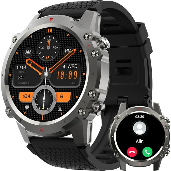 Pakrys Smart Watches for Men 1.45” Rugged Outdoor Fitness Tracker Waterproof Tactical Sport Smartwatch for Android iPhone Black