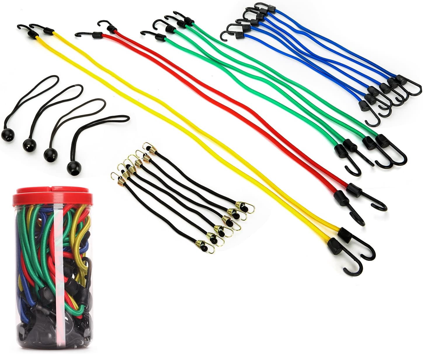 24-Piece Premium Bungee Cord Assortment in Storage Jar - Includes 10”, 18”, 24”, 32”, 40” Bungee Cords and 8” Canopy/Tarp Ball Ties