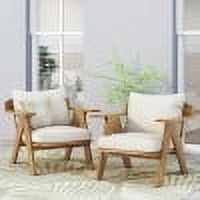 Outdoor Cushioned Single Chair Set of 2, Acacia Wood Frame Relaxing Seats for Patio Garden, Teak and Beige