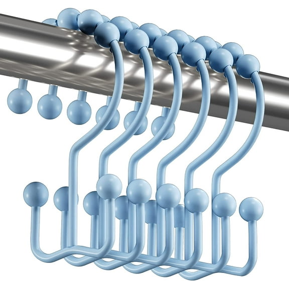 Shower Curtain Hooks, Rust Proof Shower Curtain Rings for Bathroom, Durable Metal Double Glide Shower Hooks Hangers for Bathroom Shower Rods Curtains, Set of 12 Hooks - Blue