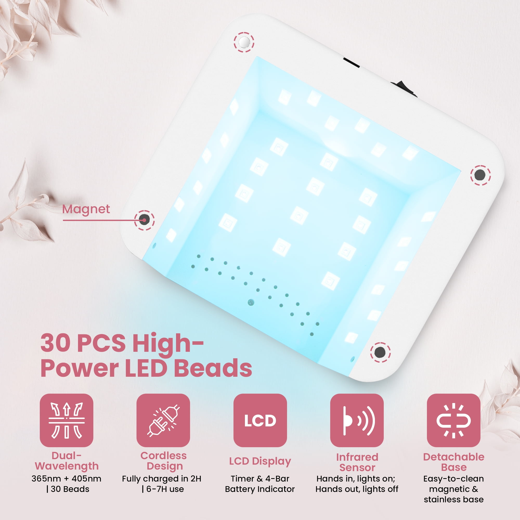 Cordless UV LED Nail Lamp, 60W Rechargeable Nail Dryer Gel Polish Light, Intelligent Auto Sensor LCD Display Nail Lamp  With 4 Timer Setting-Pink