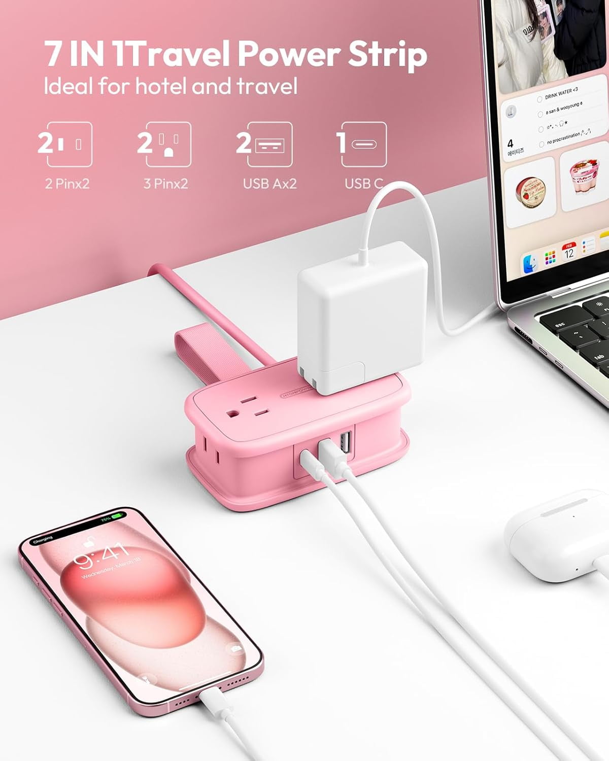 JJEAN-Pink Travel Power Strip,Travel Essentials 4 Outlets 3 USB(1 C) with 4FT Wrapped Extension Cord Flat Plug, Cruise Essentials 2026 for Hotel Travel Cruise Essentials