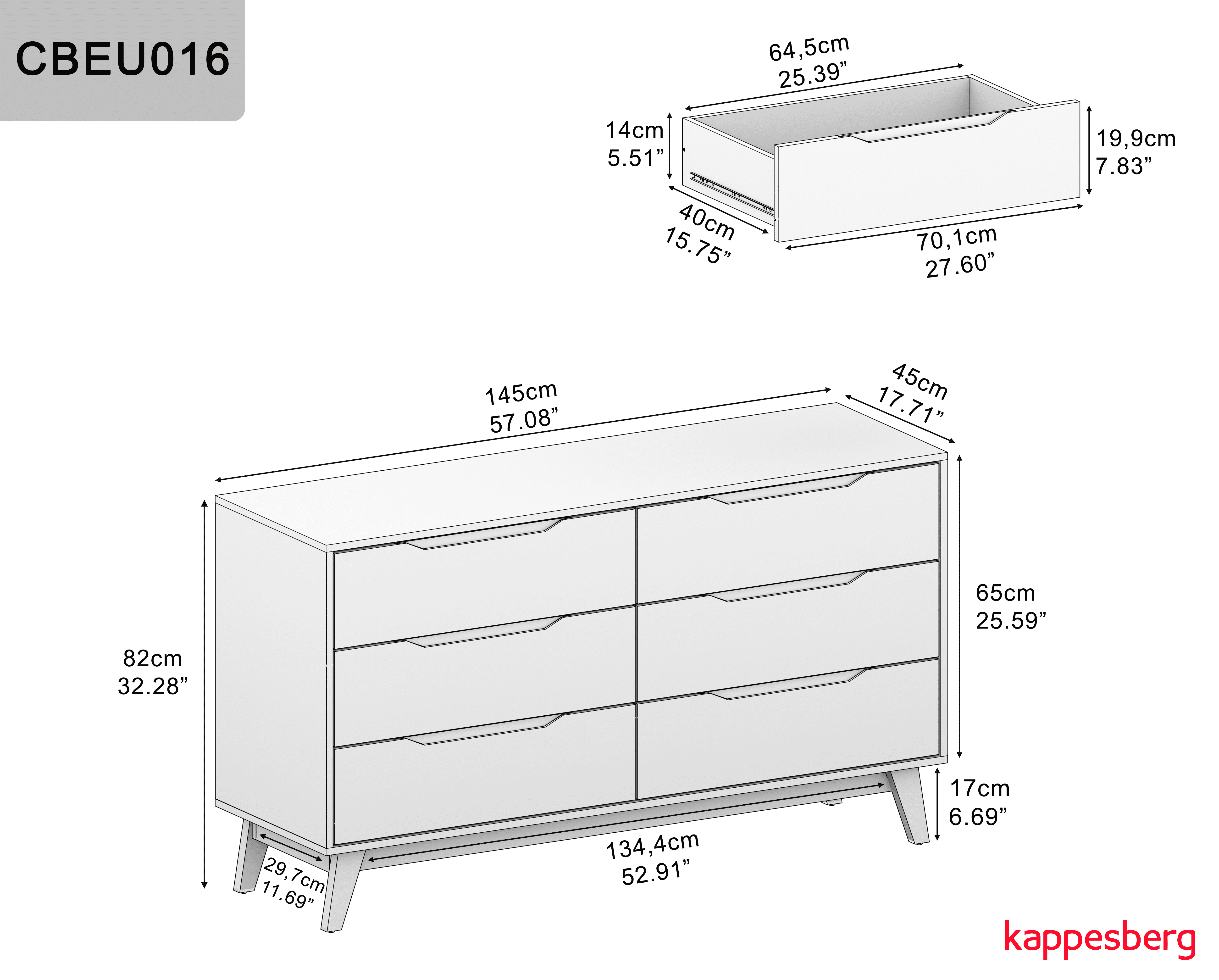 Kappesberg Rio 6-Drawer Dresser with Built-in Handles and Telescopic Slides - White/Blue - for Adults and Teens