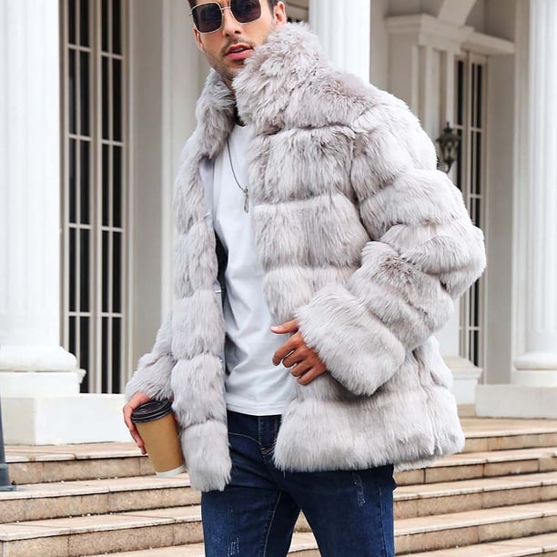 Penkiiy Men's Faux Fur Short Coat Winter Leopard Warm Thicken