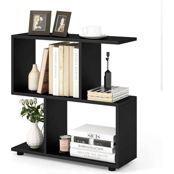 3-Tier Geometric Bookshelf, 24" Tall Wood S-Shaped Display Shelves with Thick Foot Pads, Freestanding Open Shelves Nightstand, Floor Standing Display Shelf Bookcase, Black