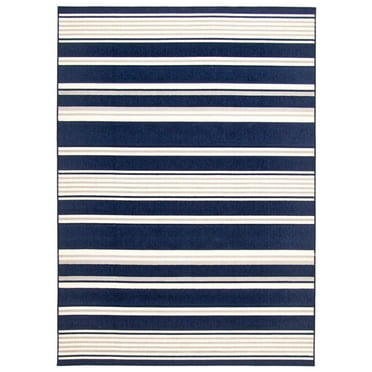 Chaudhary Living 4.5' x 6.5' Striped Rectangular Outdoor Area Throw Rug - Navy Blue and White
