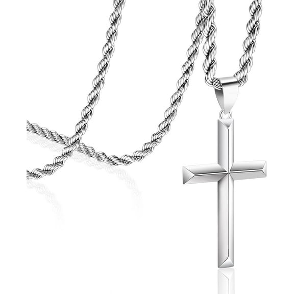 925 Sterling Silver Beveled Edge Cross Pendant Necklace for Men & Women – Strong Durable Rope Chain Jewelryen and