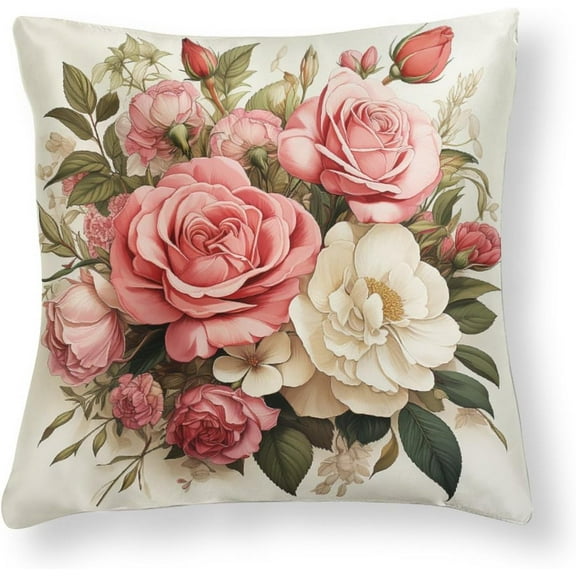 18"x18" Throw Pillow Covers Vintage French Floral Pink Roses Satin Modern Cushion Case Abstract Wild Flowers Farmhouse Pillow Covers for Living Room Bedroom Cooling Satin Pillow Covers