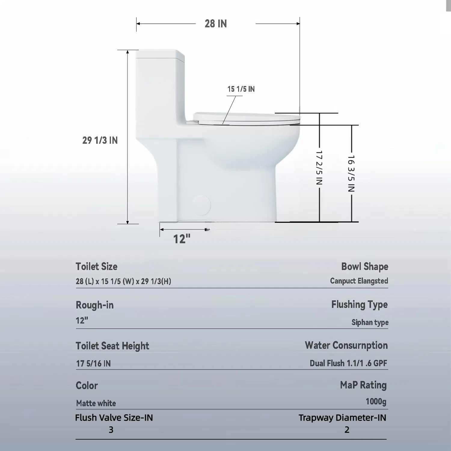 One Piece Elongated Toilet,1.1/1.6 GPF,Button on the Tank top,Soft Closing Seat,White 02