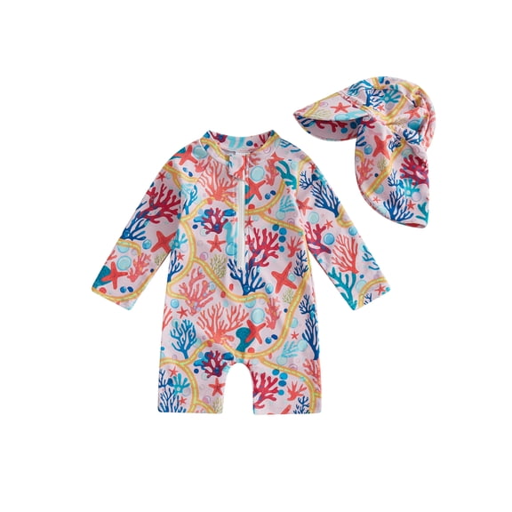 BemeyourBBs Toddler Baby Girl Boy Swimsuit with Sun Hat Infant Bathing Suit Coral Dinosaur Pawpaw Swim Ring Printed Long Sleeve Half Zipper Rash Guard Swimwear Summer Beachwear