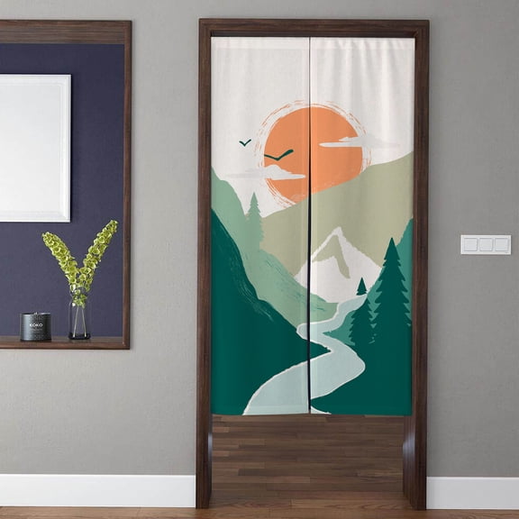 Blingpainting Bohemia Art Noren Door Curtain Sunset Mountain Creek Landscape Pattern Doorway Curtain for Kitchen Partition Bedroom Door Privacy Decor