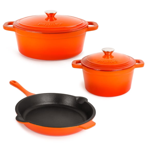 BergHOFF Neo 5pc Cast Iron Dutch Oven Set with 10" Fry Pan, 3qt. & 5qt., Orange
