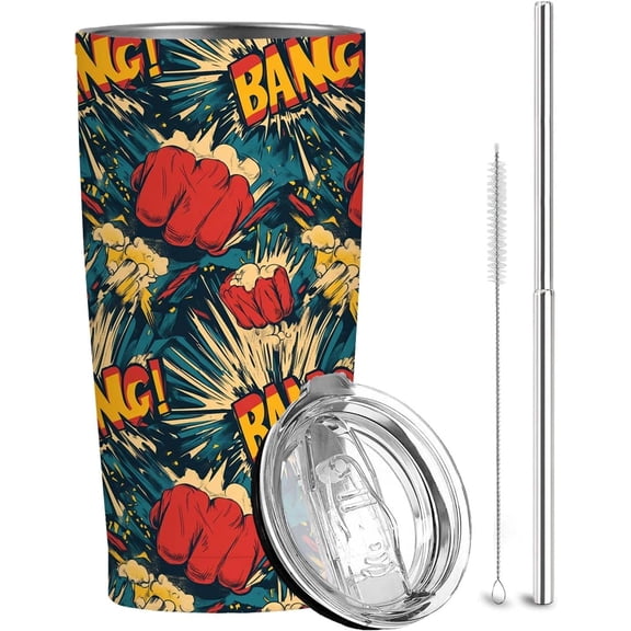 Pop-Art Comic Book Style 20 oz Tumbler, Anime Cartoon Stainless Steel Travel Mug, Insulated Hot & Cold Drink Cup, Christmas or Birthday Gift for Men and Boyfriend, Hero-Themed Printed Pattern