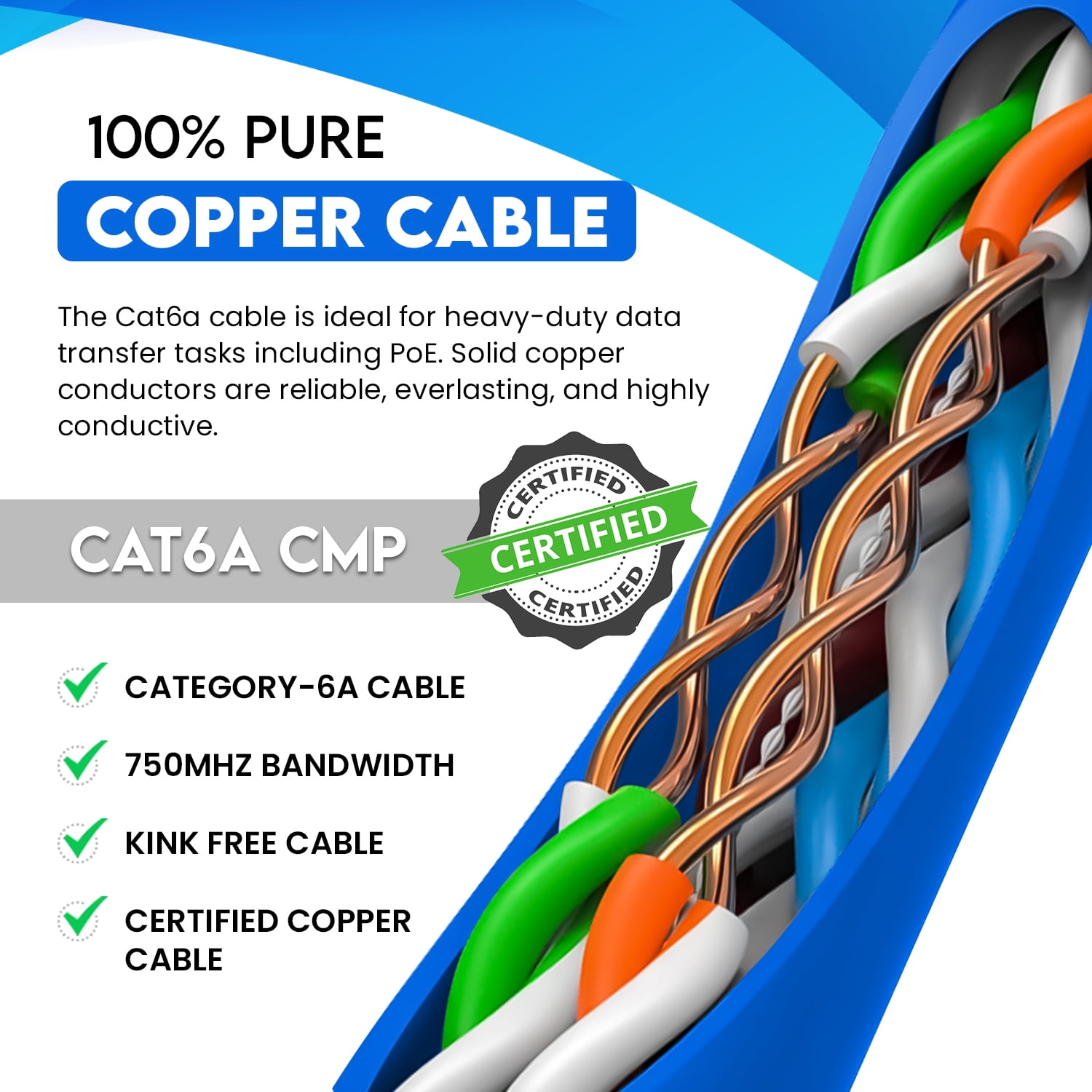 NewYork Cables Cat6a Riser Pure Copper 1000ft Bulk Ethernet Network Lan Cable UTP 4 Pairs 10 GBit/s 750MHz 23AWG Black