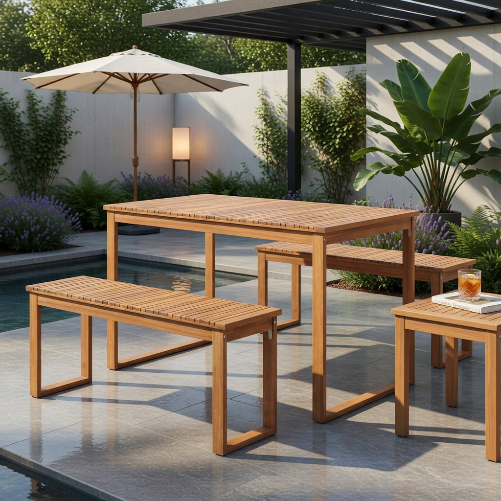 Hommoo Acacia Wood Outdoor Garden Bench Set of 2, Slatted Seat Patio Bench for Porch, Balcony & Backyard, Natural