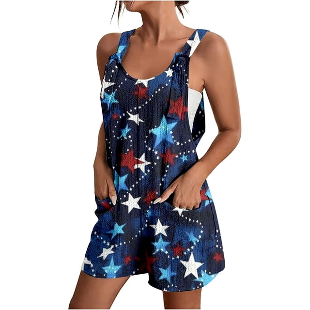 VBARHMQRT Combinaison Femme Automne Mode Été Imprimé Jour de l'Indépendance avec Poches Shorts Combinaison