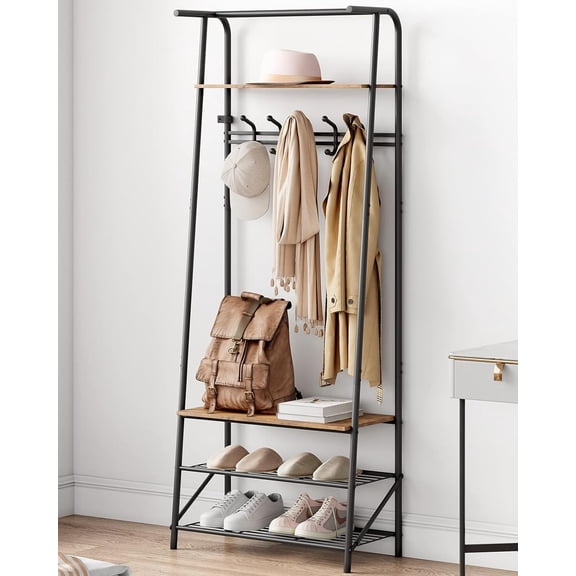 GarveeHome Coat Rack, Hall Tree with and Shoe Storage, Entryway with Coat Rack, 5 Hooks and 3 Tier Shoe Storage, Metal Frame for Entryway, Hallway, Front Door, Rustic Brown