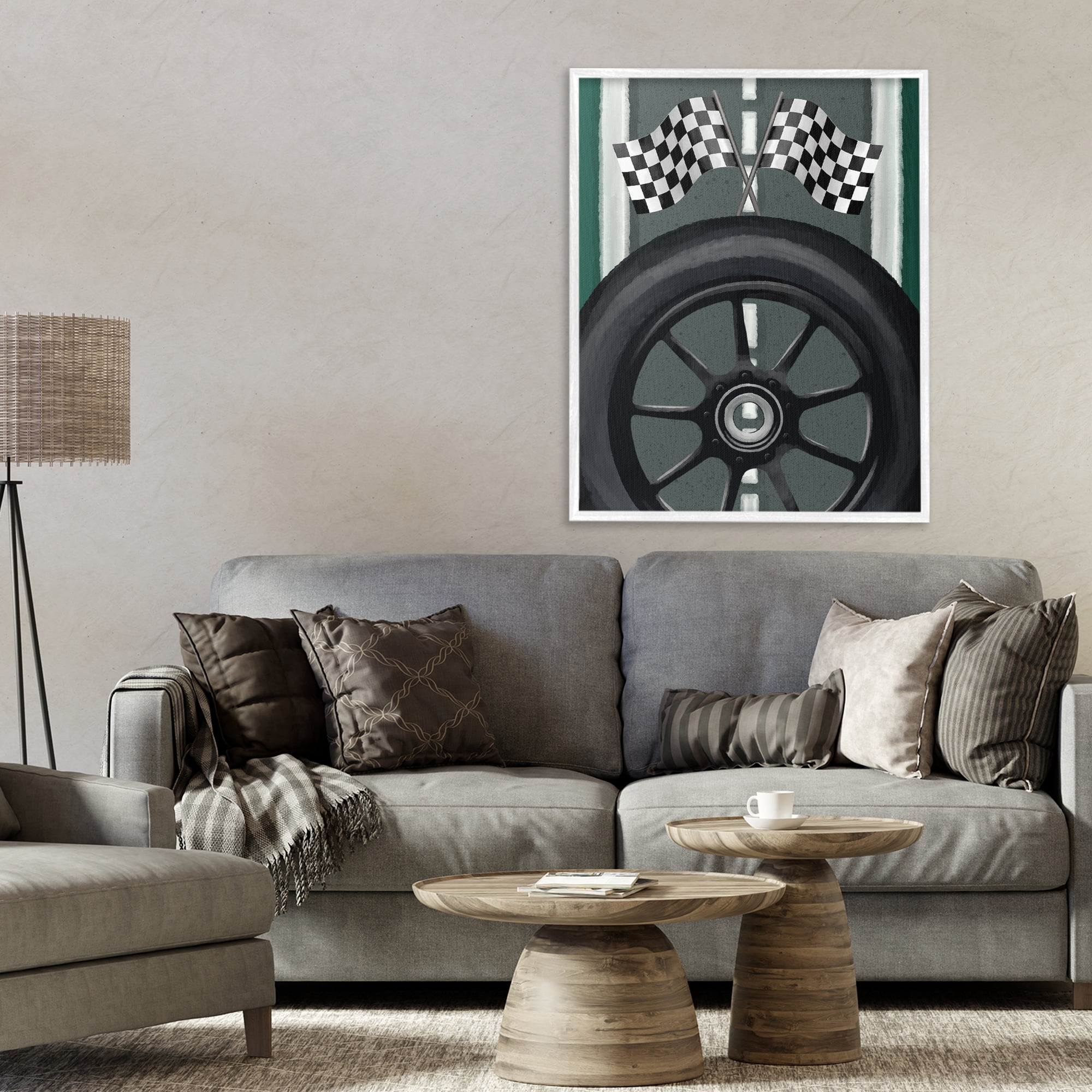 Stupell Industries Racetrack Flags & Tire White Framed Giclee Art, design by Jennifer Stith
