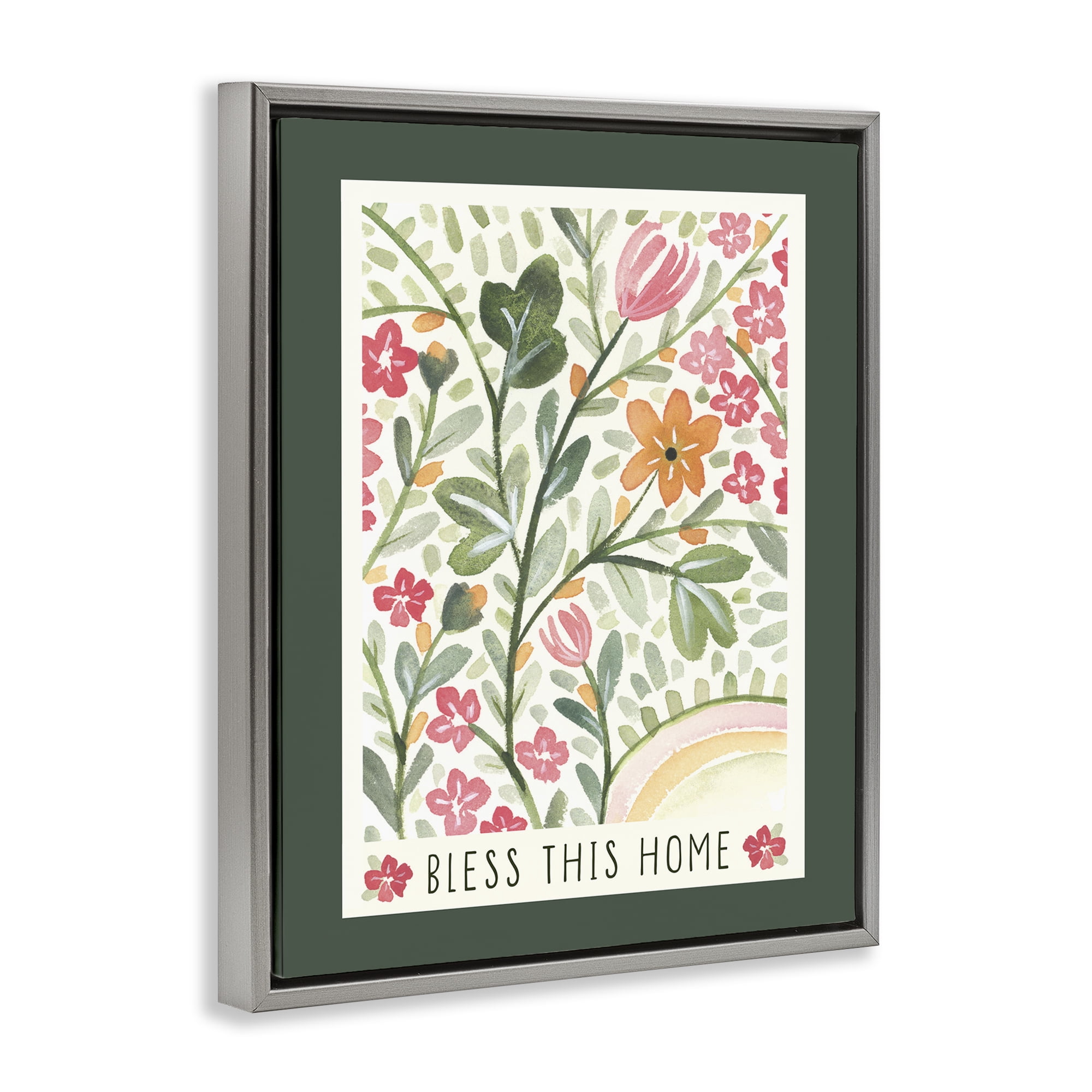 Stupell Industries Floral Bless Phrase Botanical & Floral Painting Gray Floater Framed Art Print Wall Art, 25 x 31