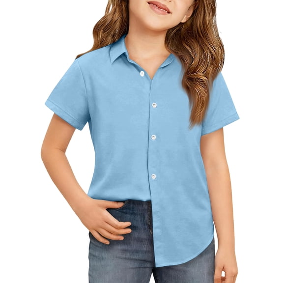 Abcomgle Girls Button Down Shirts 10-12 Long Sleeve Collared Girls Dress Shirts Summer School Uniform Blouse,Sky Blue,9-10Years