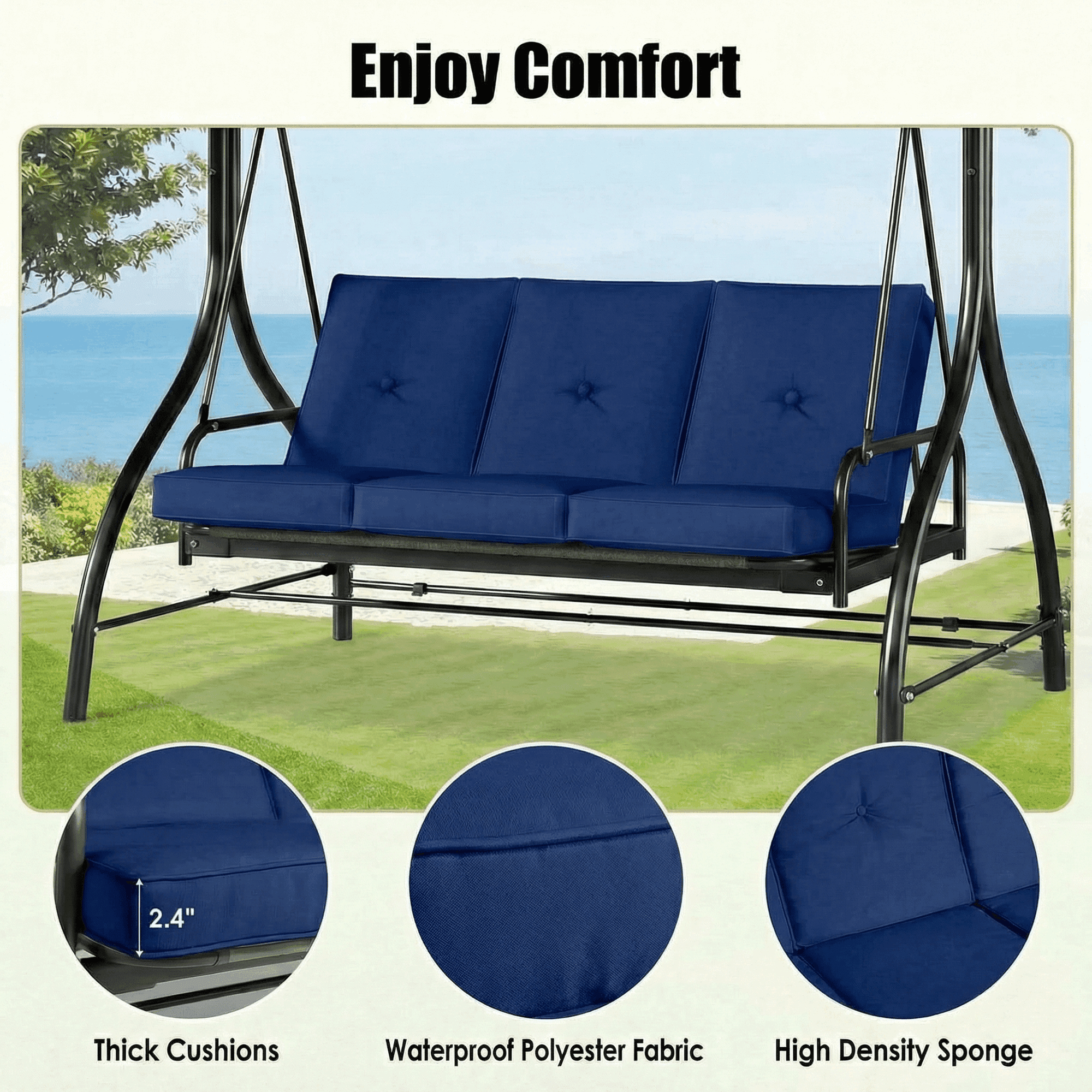 Pirecart 3 Person Patio Porch Swing Outdoor Converting Swing Glider Hammock with Adjustable Canopy, Cushions, Garden, Yard, Blue