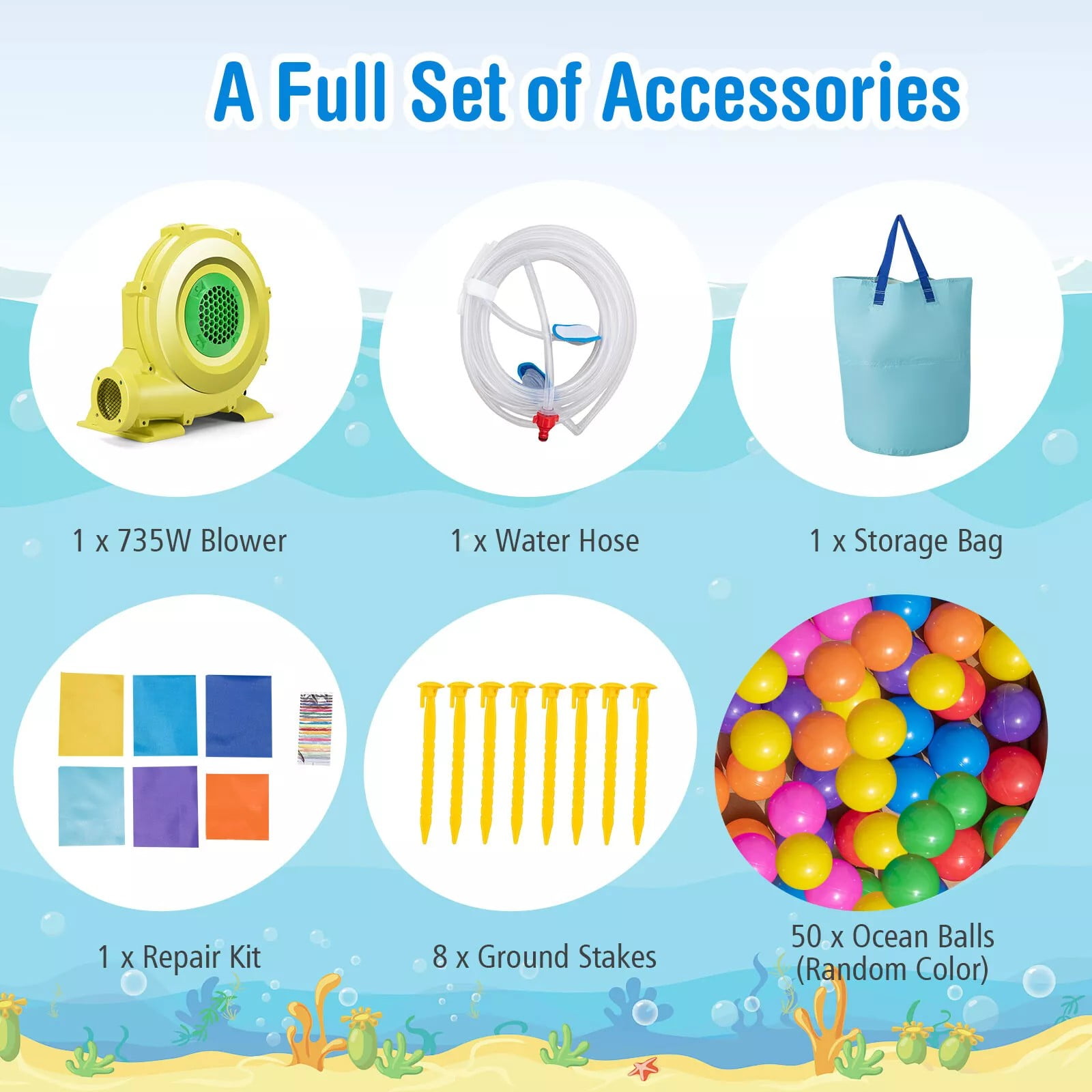 Auranook Kids Inflatable Water Slide Park Bounce Castle w/ 50 Ocean Balls & 735W Blower