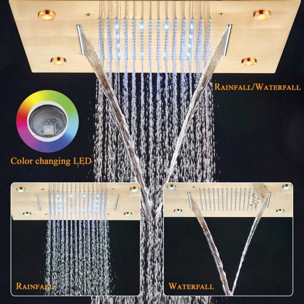 Color Changing LED Shower Head High Pressure Rain Remote Control Brushed Gold
