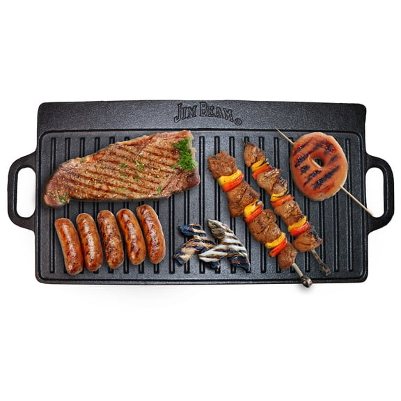 Jim Beam Skillet Pre Seasoned Heavy Duty Construction Double Sided Cast Iron Griddle Pan with Superior Heat Retention, 20"x1"x9"