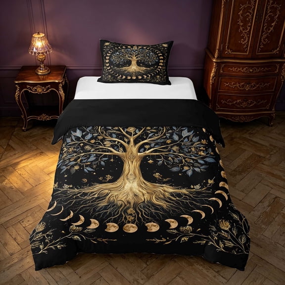 Homewish Tree of Life Twin Duvet Cover, Vintage Moon Phase Twin Bedding, Black Reversible 2 Pieces, 1 Duvet Cover and 1 Pillowcase