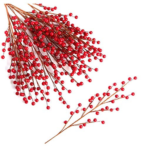 Factory Direct Craft Pack of 12 Red Berry Stems Decorative Wire Stem Branch Sprays for Christmas Tree Decorations, Holiday Flower Arrangements, Wedding Decor, and DIY Crafts