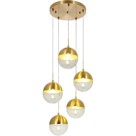 Modern 5 Lights Pendant Lighting Gold Glass Globe Cluster Pendant Light Fixtures Mid Century Multi Light Brushed Brass Ceiling Hanging Chandelier Lighting for Kitchen Island Dinning Room