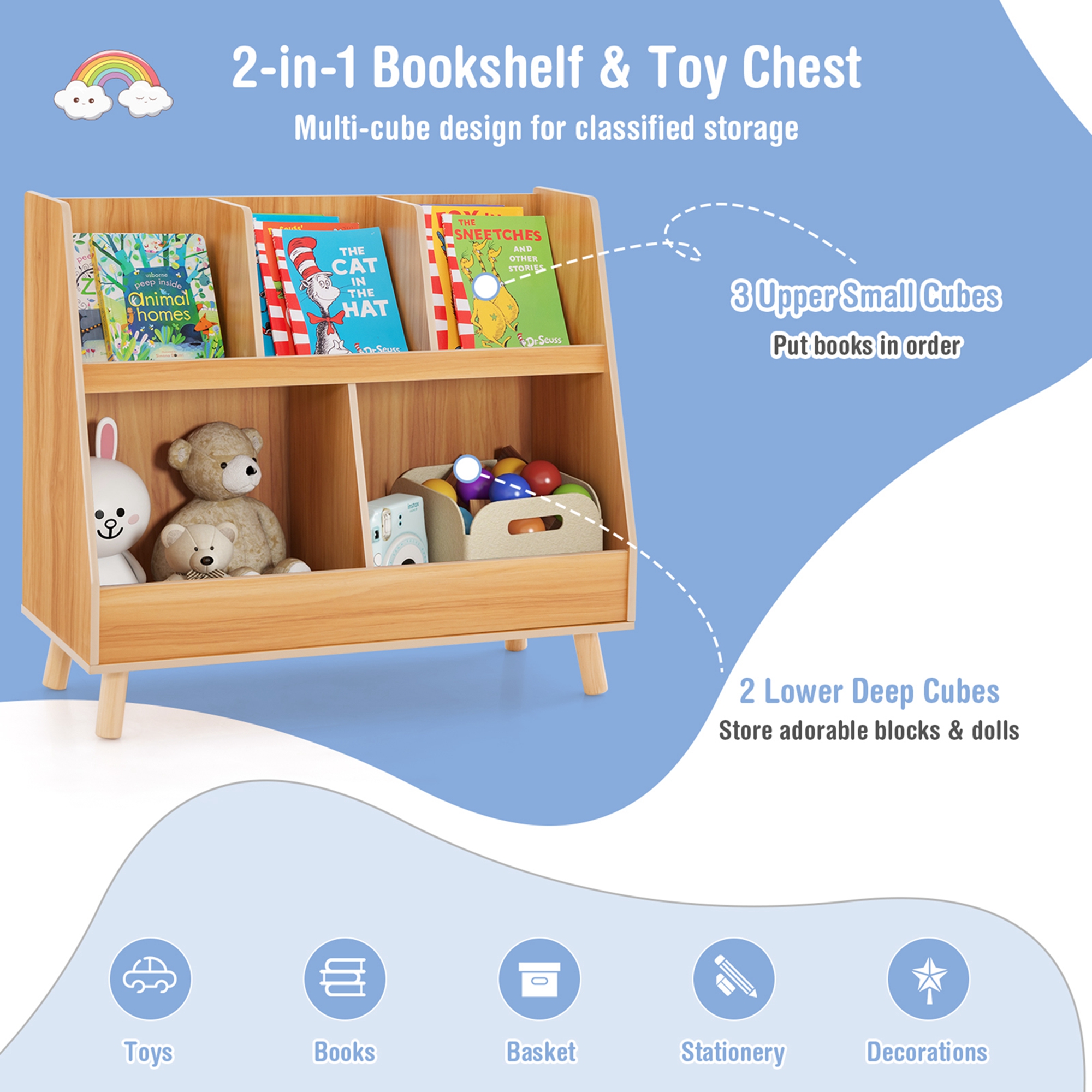 Costway 5-Cube Kids Bookshelf and Toy Organizer Wooden Storage Bookcase with Wood Legs Natural
