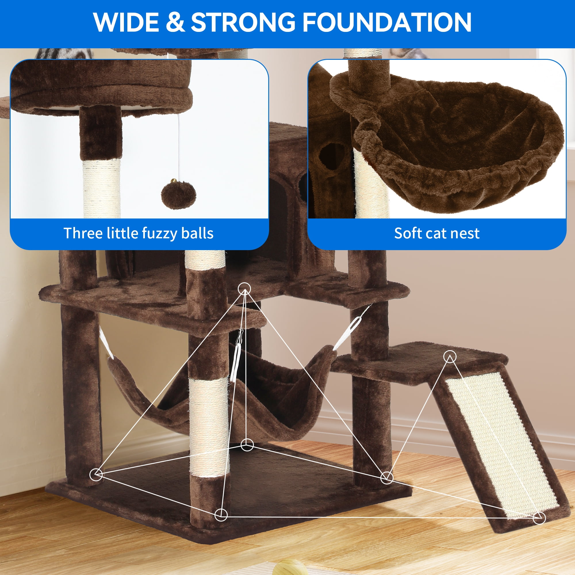 Dextrus 75" Multi-Level Cat Tree Tower with Cat Condos, Top Perches, Hammocks, Scratching Posts Board, Large Cat Activity Center,Brown