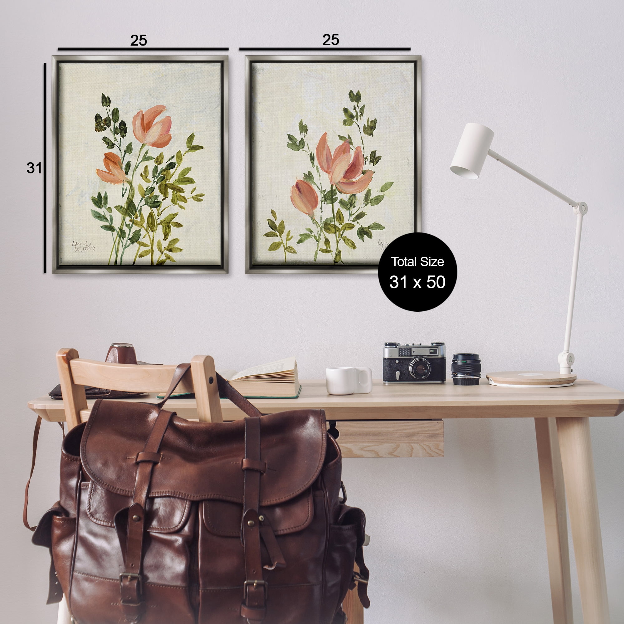 Stupell Industries Vintage Leaves & Bloom Floral & Botanical Painting Gray Floater Framed Canvas Art Print Wall Art, 31 x 25, Set of 2