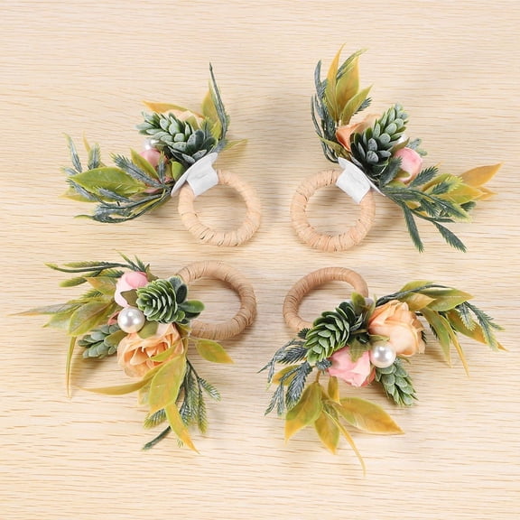 Double Rose Napkin Rings Set of 4, Pink Flower Napkin Rings with Berries and Handmade Napkin Ring Holders